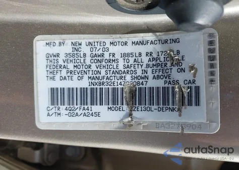 2004 Toyota Corolla Le from USA, damaged, VIN 1NXBR32E14Z220847